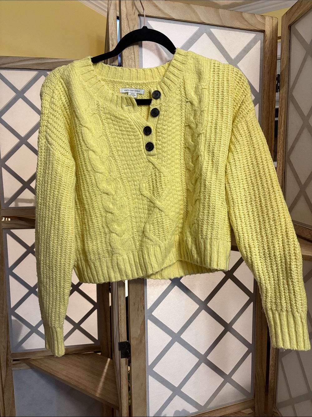 American Eagle Outfitters Yellow Cable-Knit Button Pullover Sweater